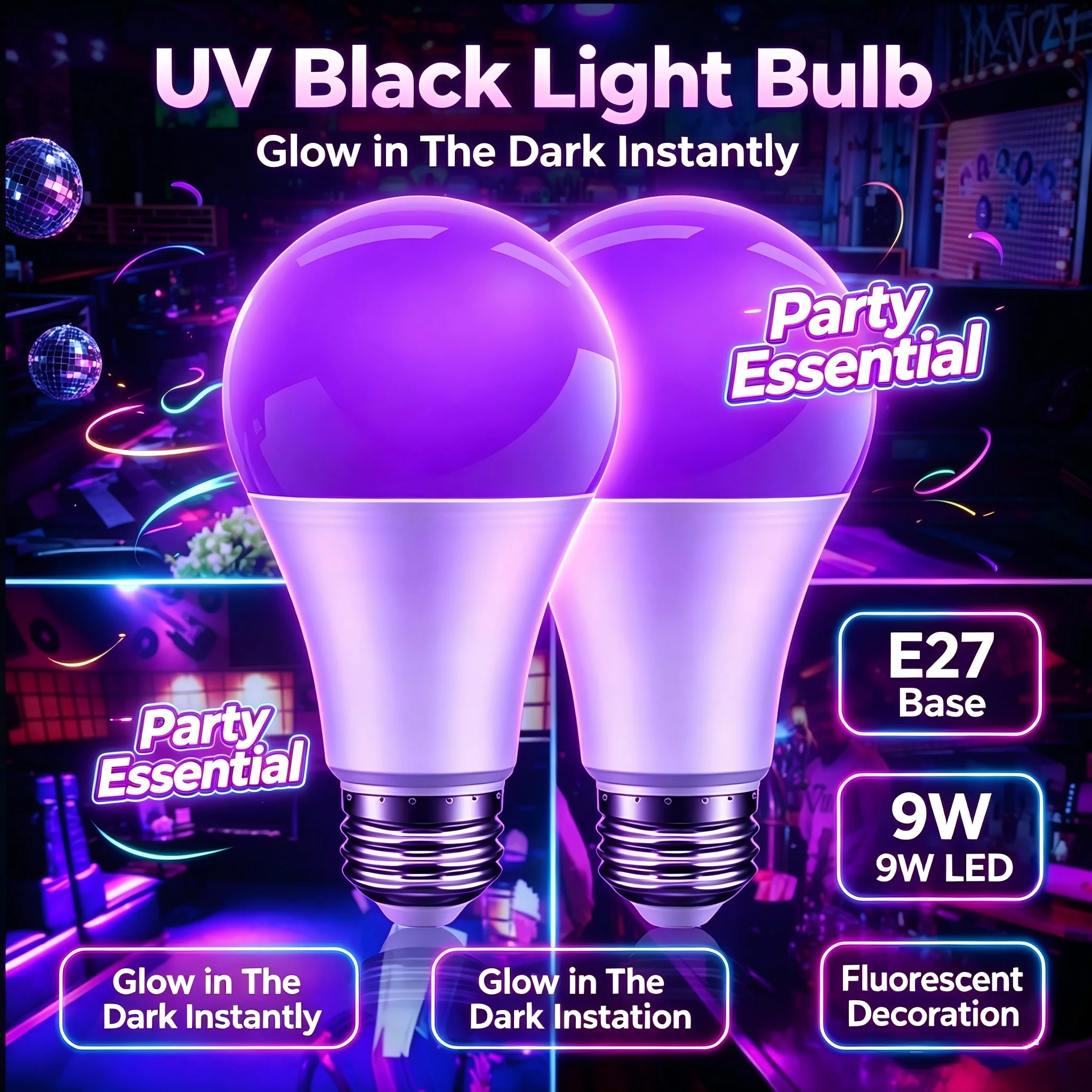 E27 9W LED UV Black Light Bulb, Purple UV Lamp for Glow in The Dark Party, Bar Fluorescent Poster Decoration Lighting