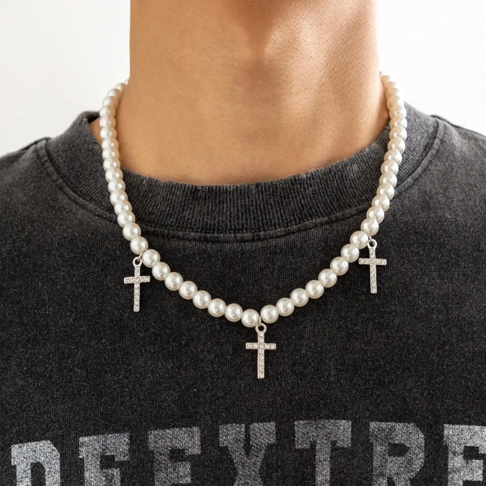 

Party Street Sweet Cool Cross Pendant Retro Pearl Clavicle Choker Fashion Necklace Men Necklace Korean Style Necklace