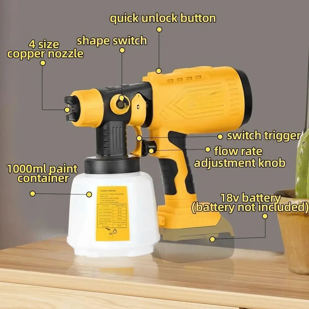 HVLP for Interior/Exterior Home Painting (No Battery) Paint Sprayer for Dewalt 20V Max Battery 200W Motor, 4 Copper Nozzles