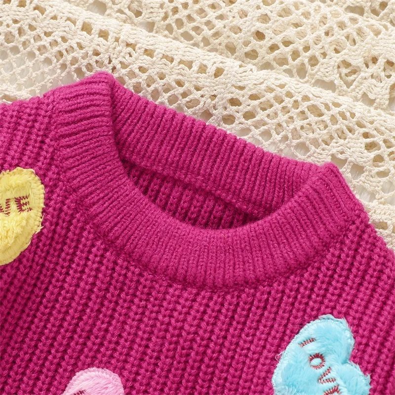 Valentine s Day Toddler Sweaters Heart Patterned Long Sleeve Round Neck Ribbed Knit Pullover Tops with Embroidered Letters