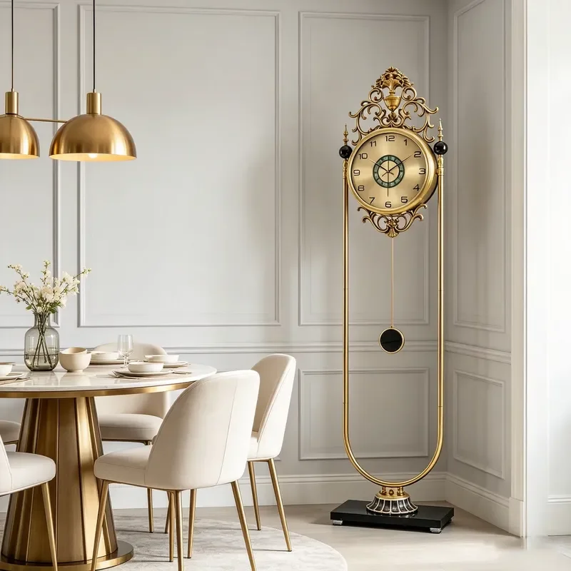 Modern Luxury Floor Clock Golden Metal Pendulum Standing Clock Elegant Long Clock Suitable for Family Villa Hotel Decoration