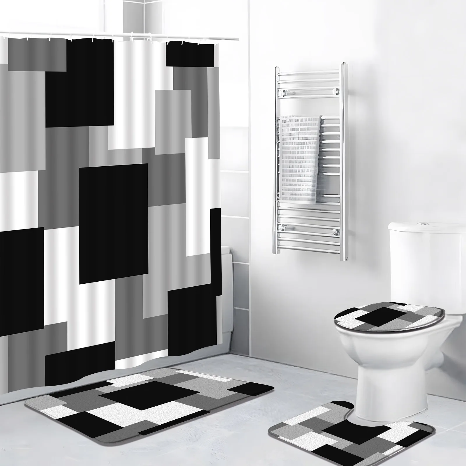 

4pcs/set Geometry Shower Curtain Black White Grey Modern Geometric Abstract Minimalism Bathroom Decor Bath Mat Rugs Toilet Cover