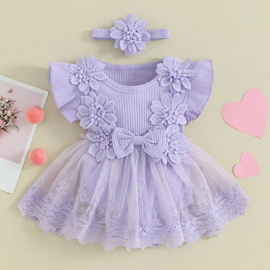 Exclusive 2024 Summer Collection Delicate Floral Lace And Sheer Net Baby Girl's One Piece Romper Dress For Newborns And Infants