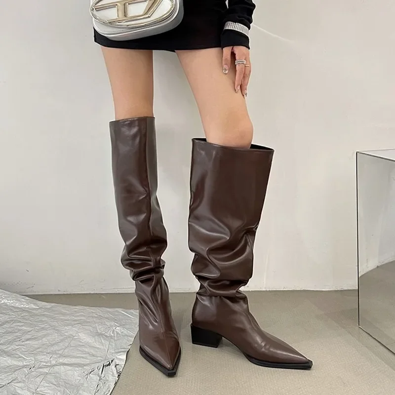 Shoes for Women 2024 Knee-High Women's Boots Concise Modern Boots Women Sewing Pointed Toe Square Heel Slip on Shoes Female