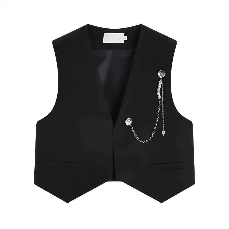 

Женский укороченный жилет в ретро-британском стиле с цепочкой, весна-лето 2026, многослойный, свободный и приталенный крой