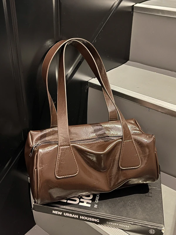 

Большая сумка-тоут в стиле ретро, повседневная сумка для подмышек, мягкая искусственная кожа, застежка-молния, однотонная модная пригородная сумка