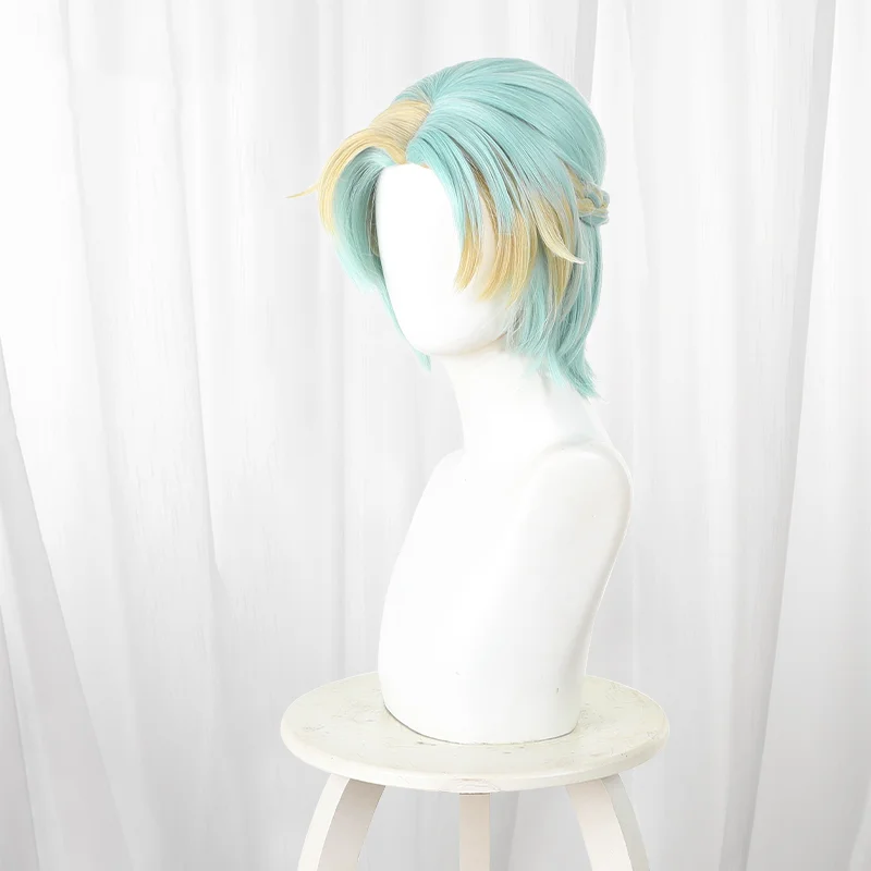 Game Yuri Cosplay Wig Yuri Light cyan wig with pale yellow highlights Short Cosplay Hair For Comicon Party Adult Women Men