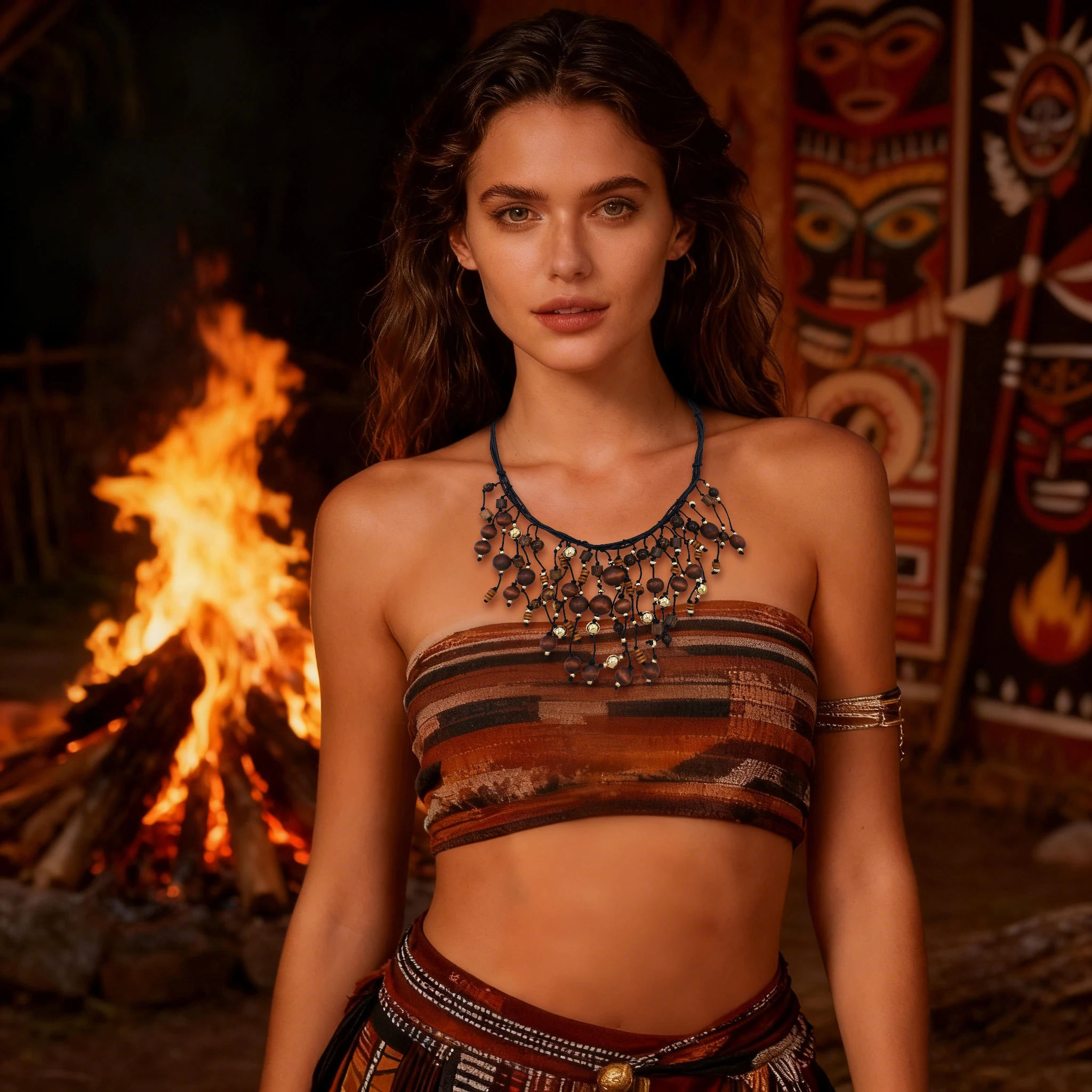 

Indian tribe-style hand-woven rope chain with wooden beads and tassel necklace, ethnic style, travel and vacation accessory