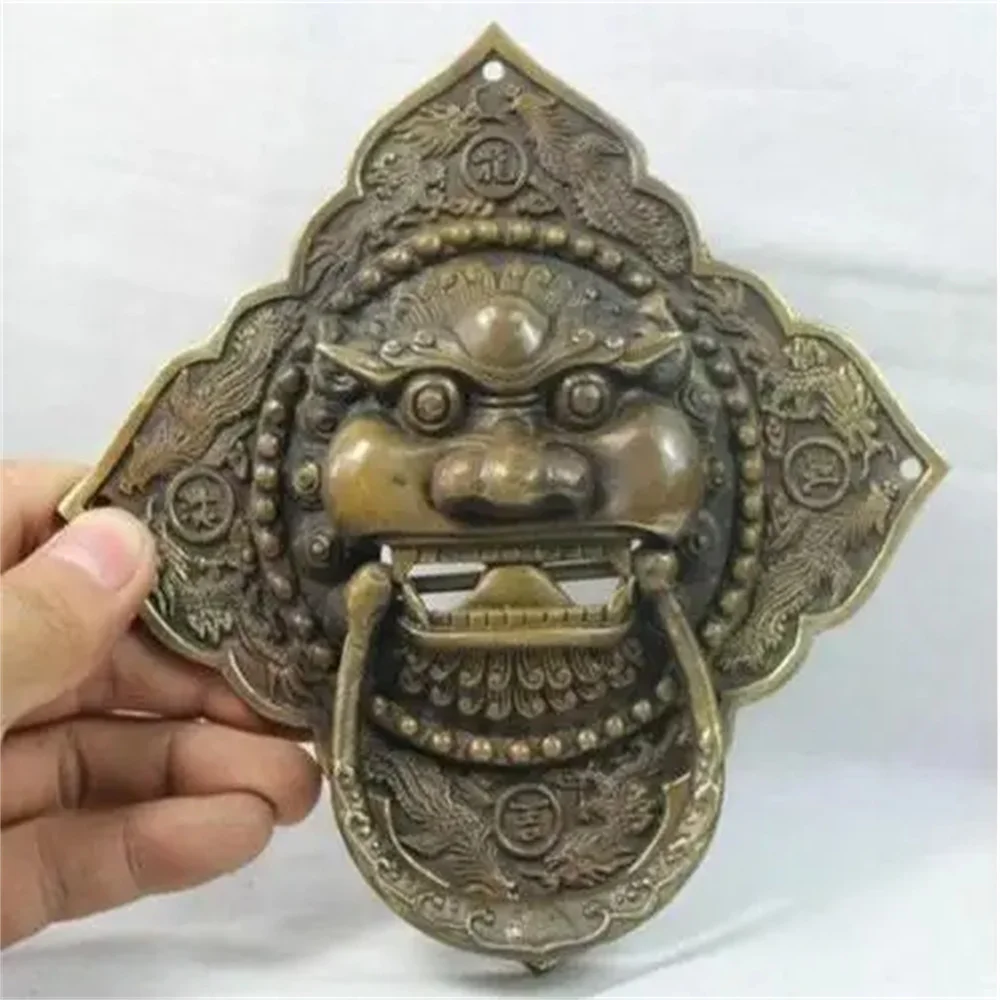 

6" China Chinese Folk Home Copper Fu Foo Dog Lion Head Door Door Knocker Statue