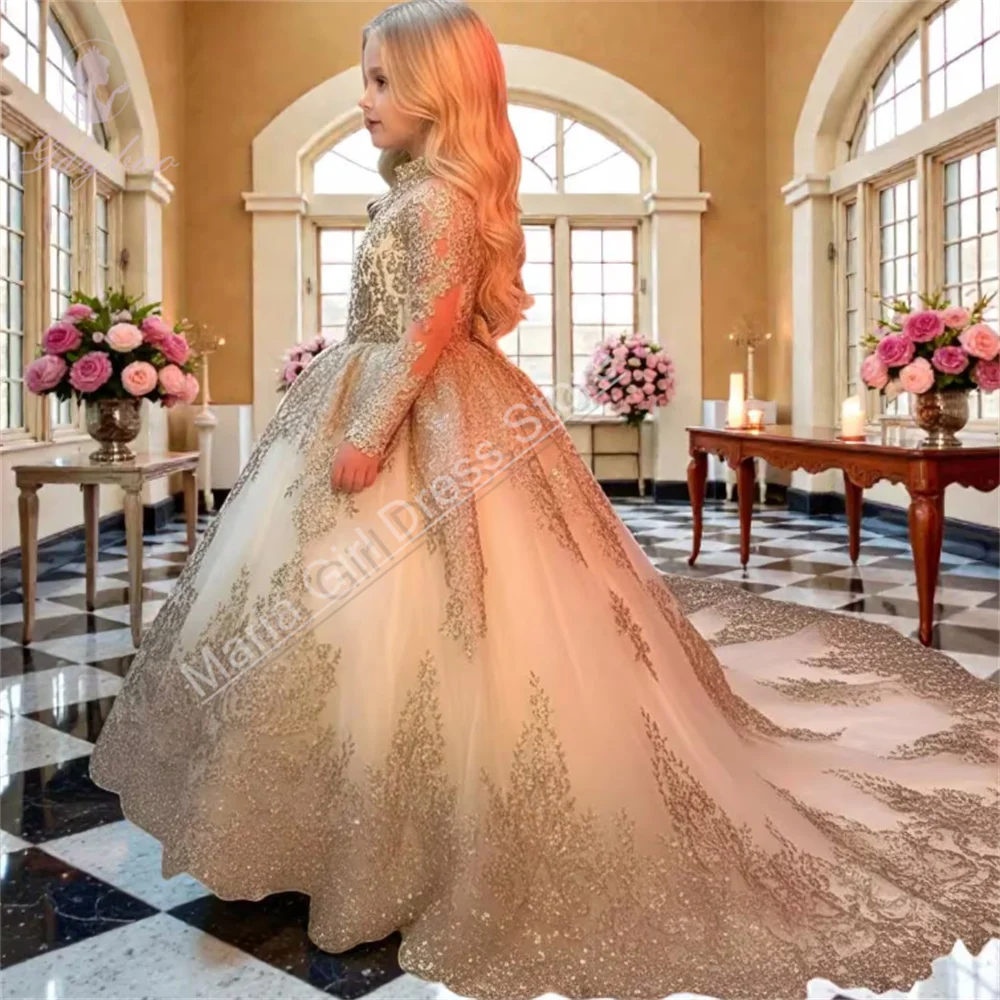 

Детское платье для девочки на заказ с золотой вышивкой, с высоким воротником, с длинными рукавами, для свадеб, дней рождения и праздников