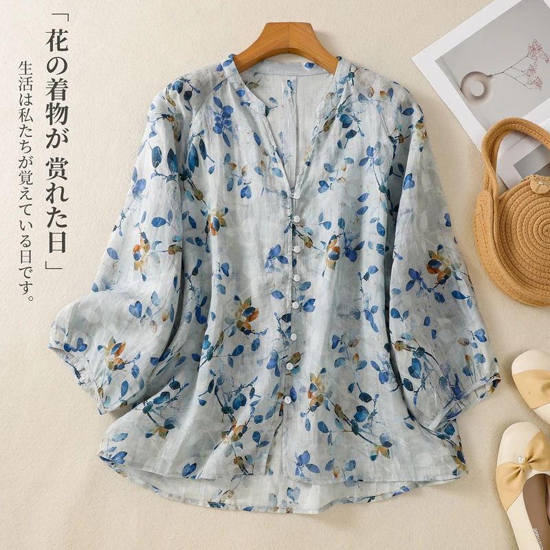 

NYFS 2025 Summer New Vintage Woman Tops Fashion Loose Blouse Seven Quarter Sleeve Flowers Shirt