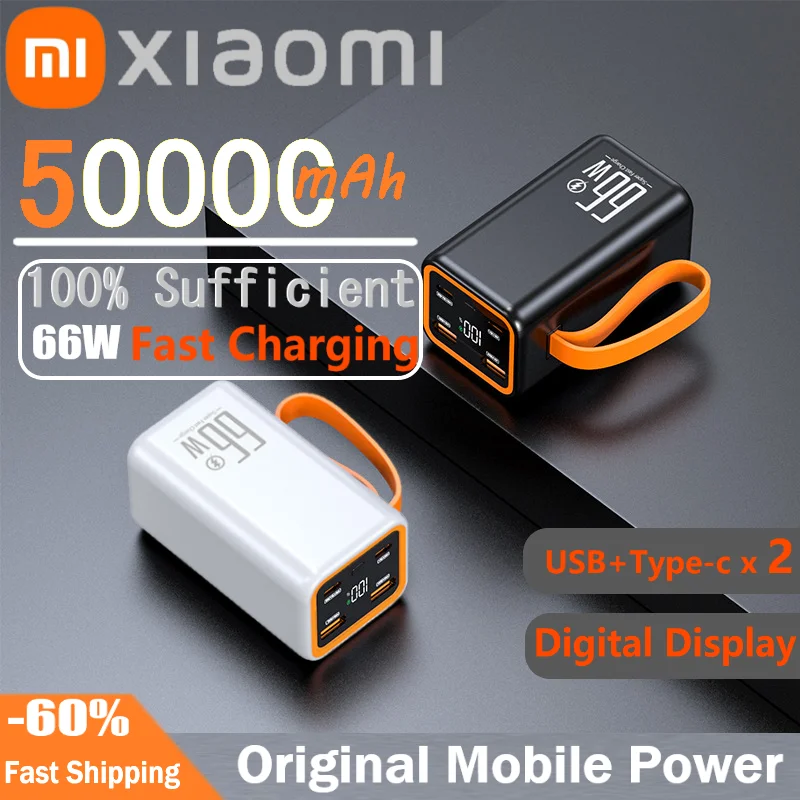 Xiaomi 50000mAh Portable Power Bank 66W Fast Charger 100% Sufficient Battery Dual USB Type-C With Lanyard for iPhone Samsung New