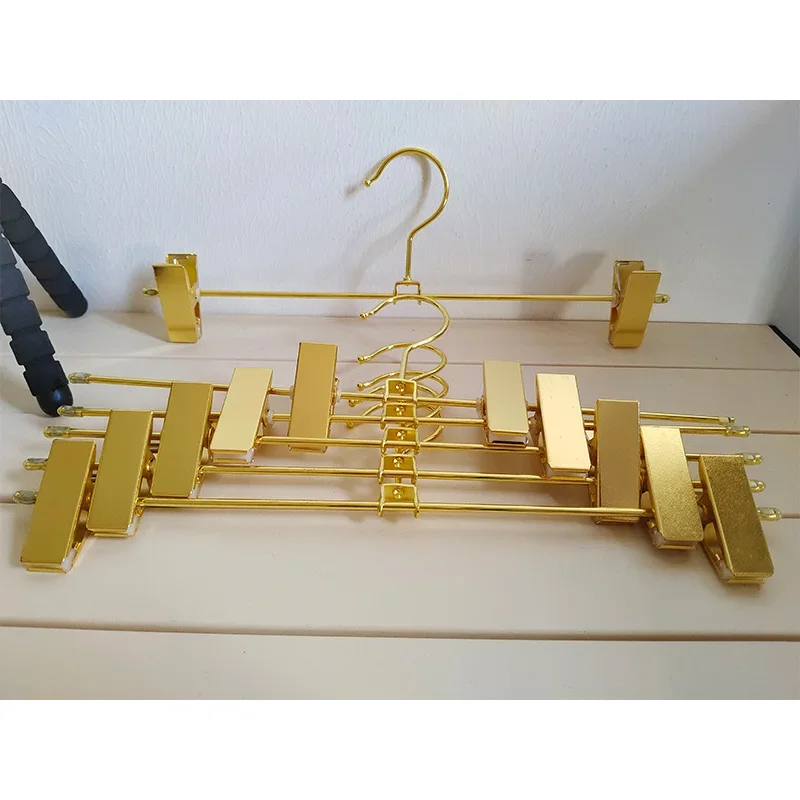 5PCS Custom Metal Golden Pants Skirt Hangers with Clips Adjustable Clip Trouser Hangers Clip Hangers for Adult Jeans Pants Racks