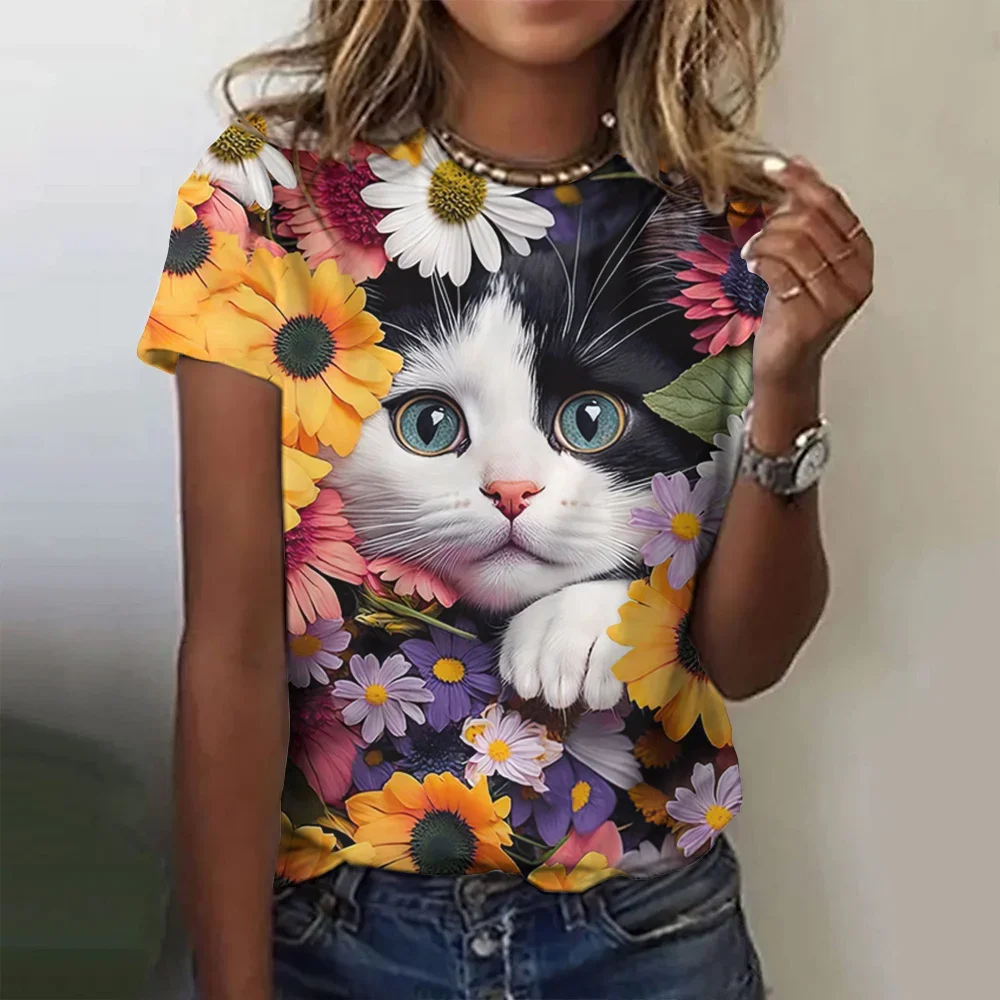 Camiseta con estampado 3D para mujer, top de manga corta a la moda, Camiseta con estampado de gato Kawaii Y2k, ropa de gran tamaño para mujer