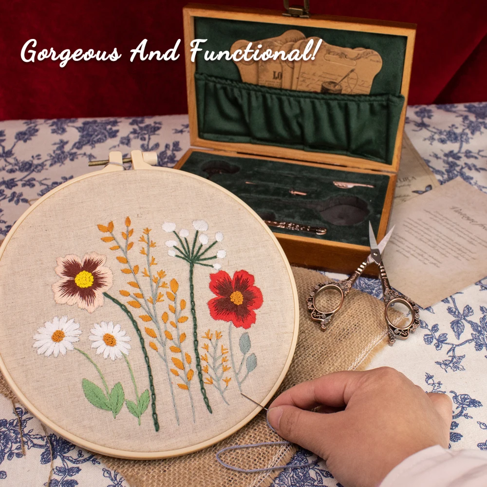 Komplettes Vintage-Nähset im europäischen Stil, Retro-Nähset in Holzbox mit antiken Stickerscheren und Nadeln für DIY-Bastelarbeiten – Detail 11