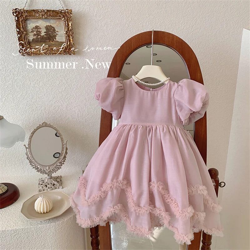 Girls' summer Short sleeve flower petal dress 2024 new children's pooping skirt mesh baby princess dress