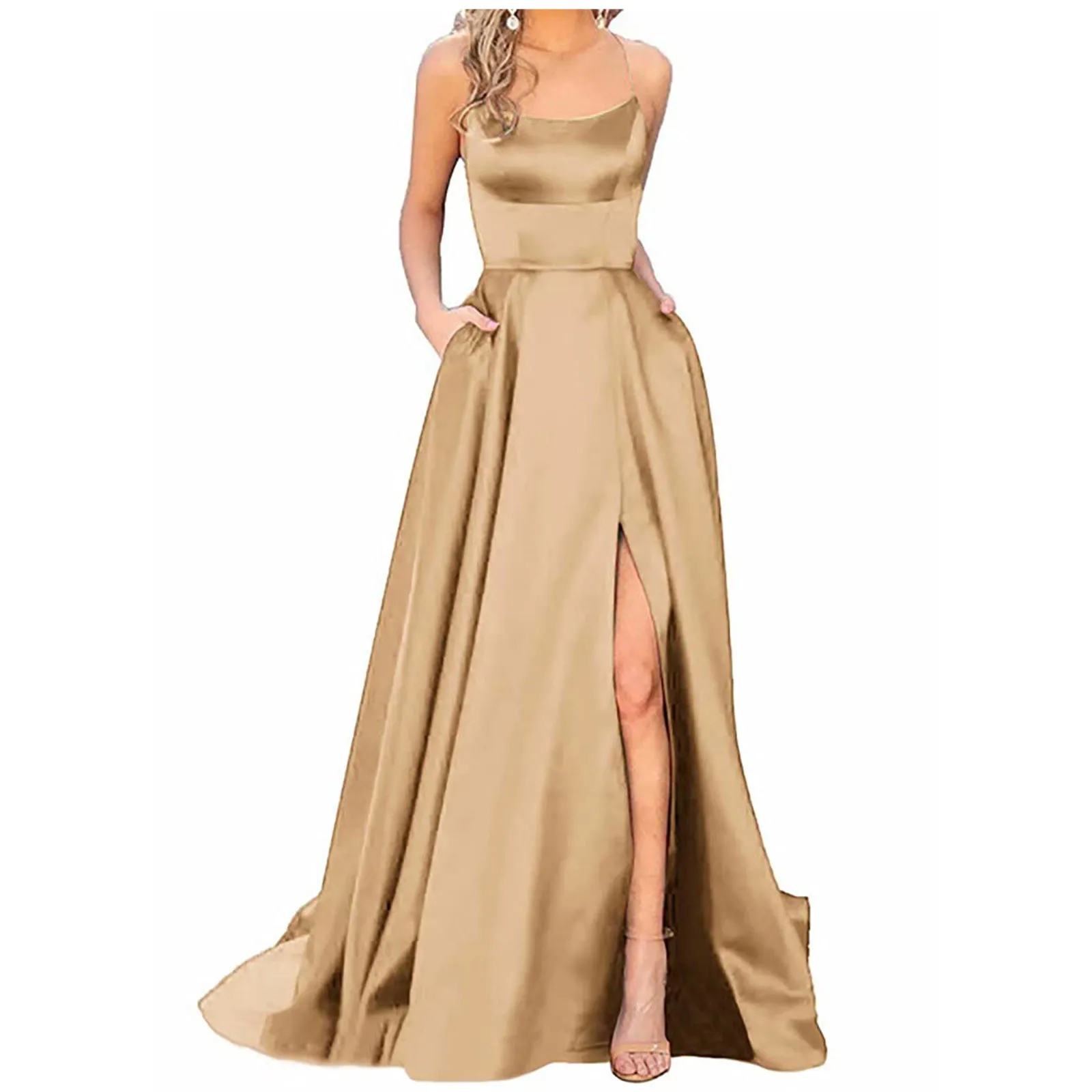 Frauen lange Kleider rücken frei lange Kleider Satin Riemen Party kleid Seite Schlitz Hochzeits taschen Kleid vestidos платье 2024