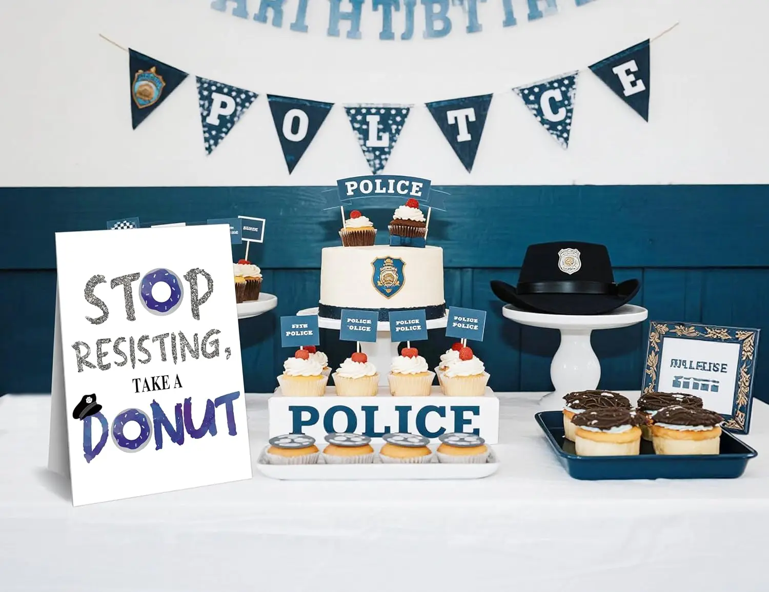 Police Theme Donut Sign with Stand 8x11 Inch Dessert Table Decoration for Birthday Graduation Retirement Party