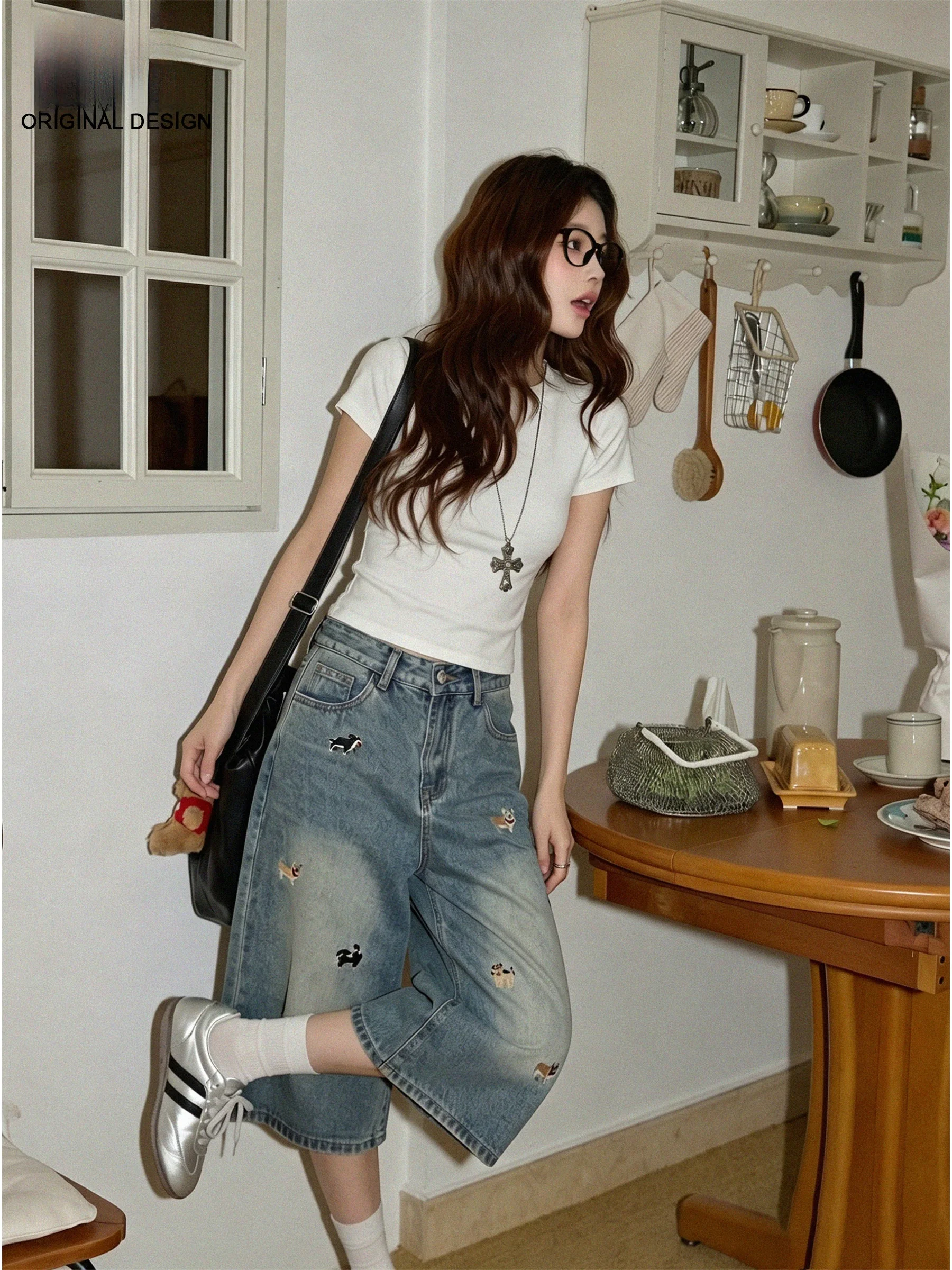 

American Style Embroidered Wide Leg Seven-Foot Denim Jeans Women's Loose Design Summer Low Waist Straight Leg Pants