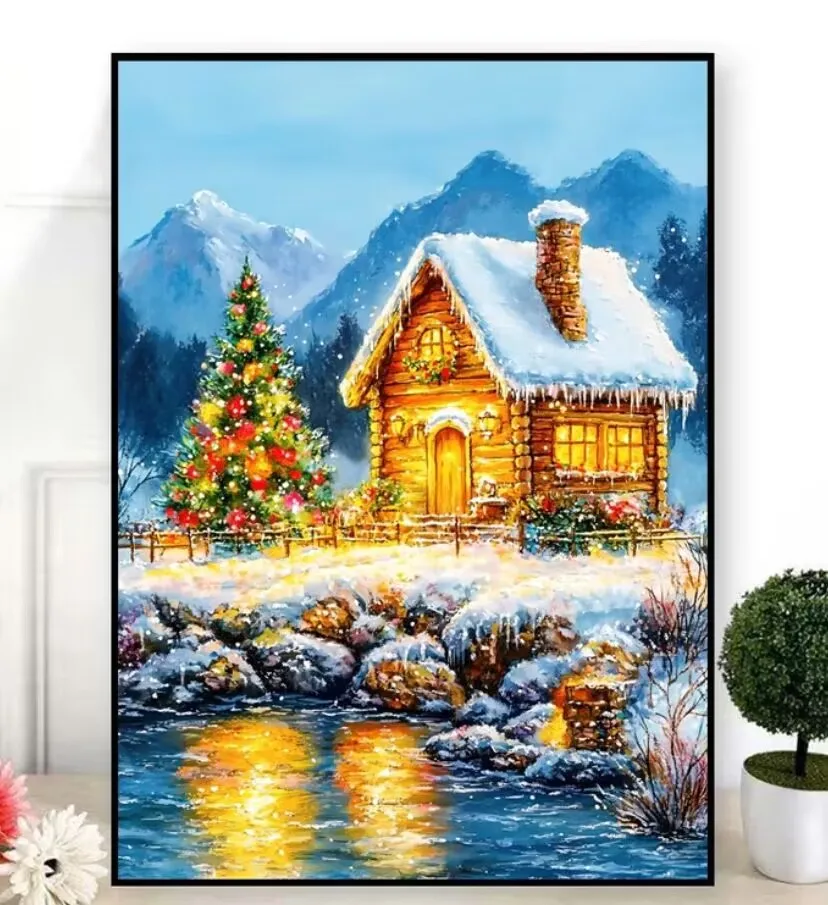 9ct 65X85cm Christmas Tree Snowhouse Pre-Printed Cross Stitch DIY Embroidery Set Handicraft Floss Needle Crafts