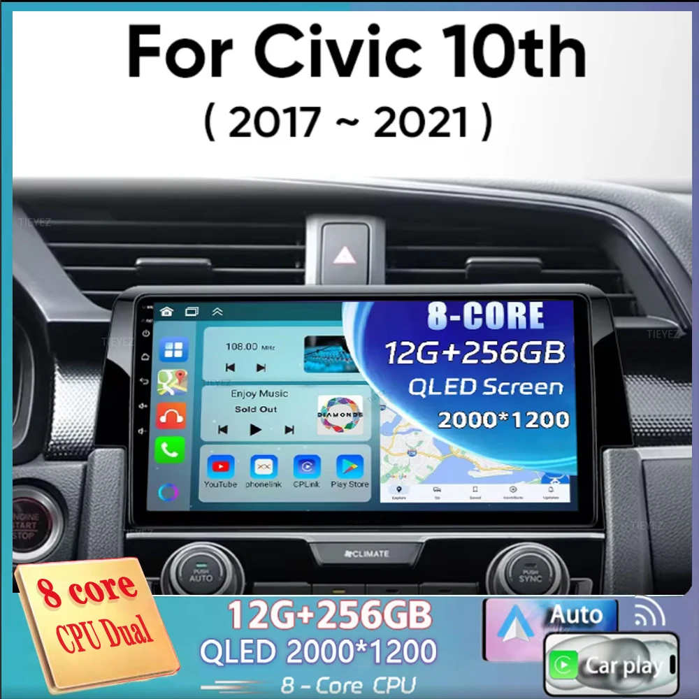 For Honda Civic 10th 2016 2017 2018 2019-2021 Android 14 Carplay Auto Car Radio Multimedia Video Player Navigation GPS 4G WIFI