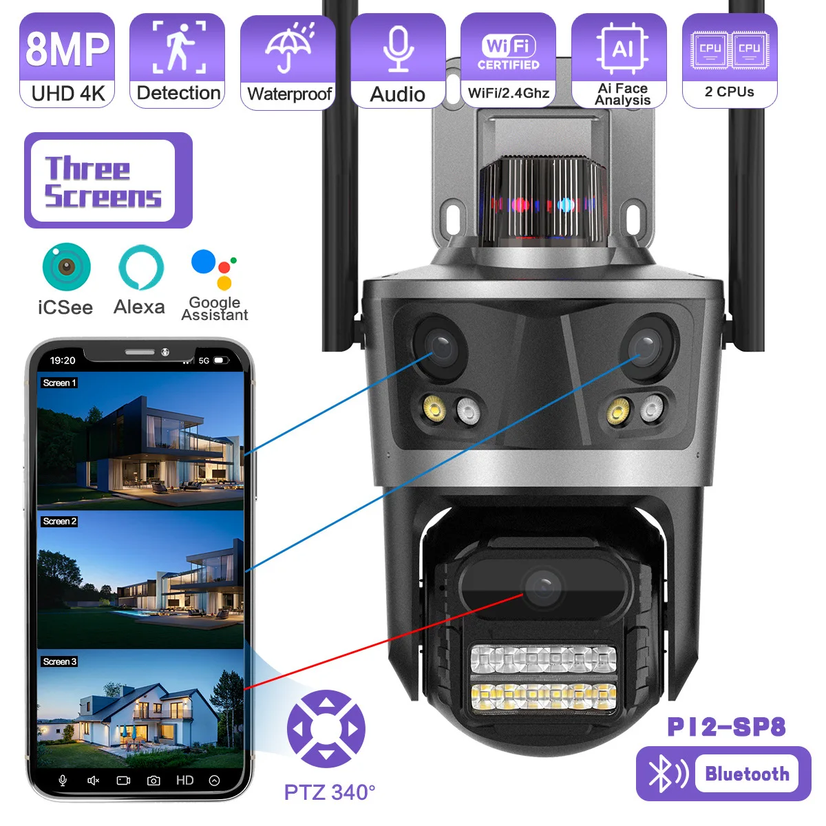 9MP  iCsee APP Triple Lens Full Color Wireless PTZ IP Camera AI Humanoid Detection Home Security CCTV  Monitor