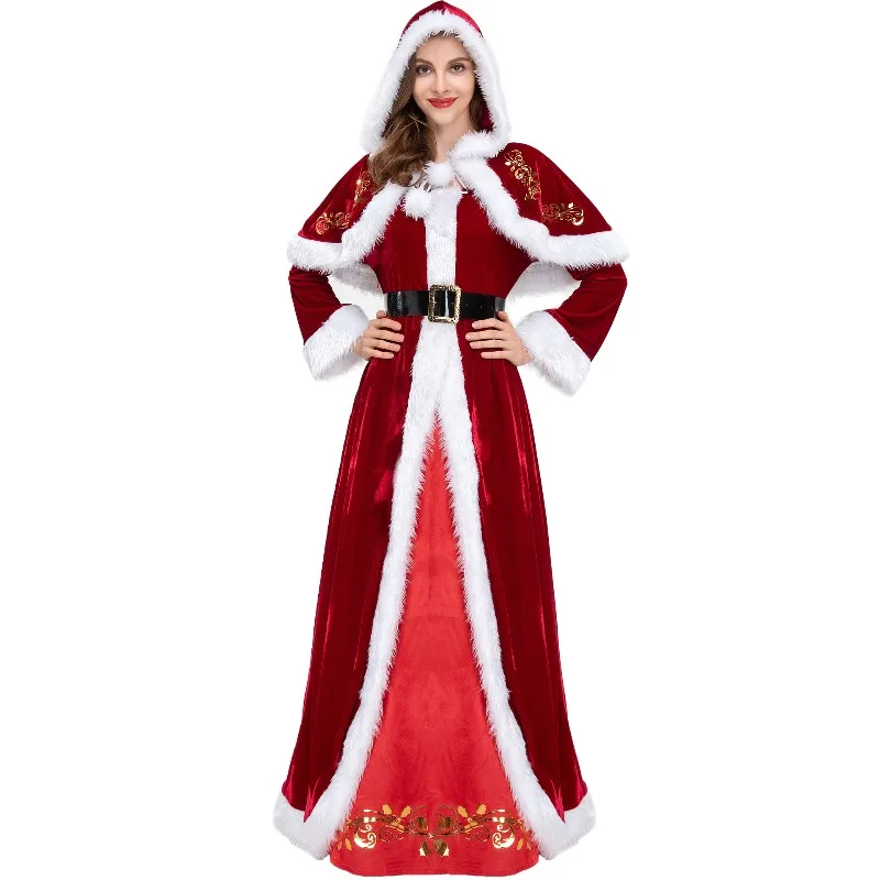 Túnica de señora Claus para mujer, vestido con capucha de Navidad, vestido de fiesta de Carnaval cálido de invierno, disfraz de juego de rol, vestido elegante festivo para vacaciones