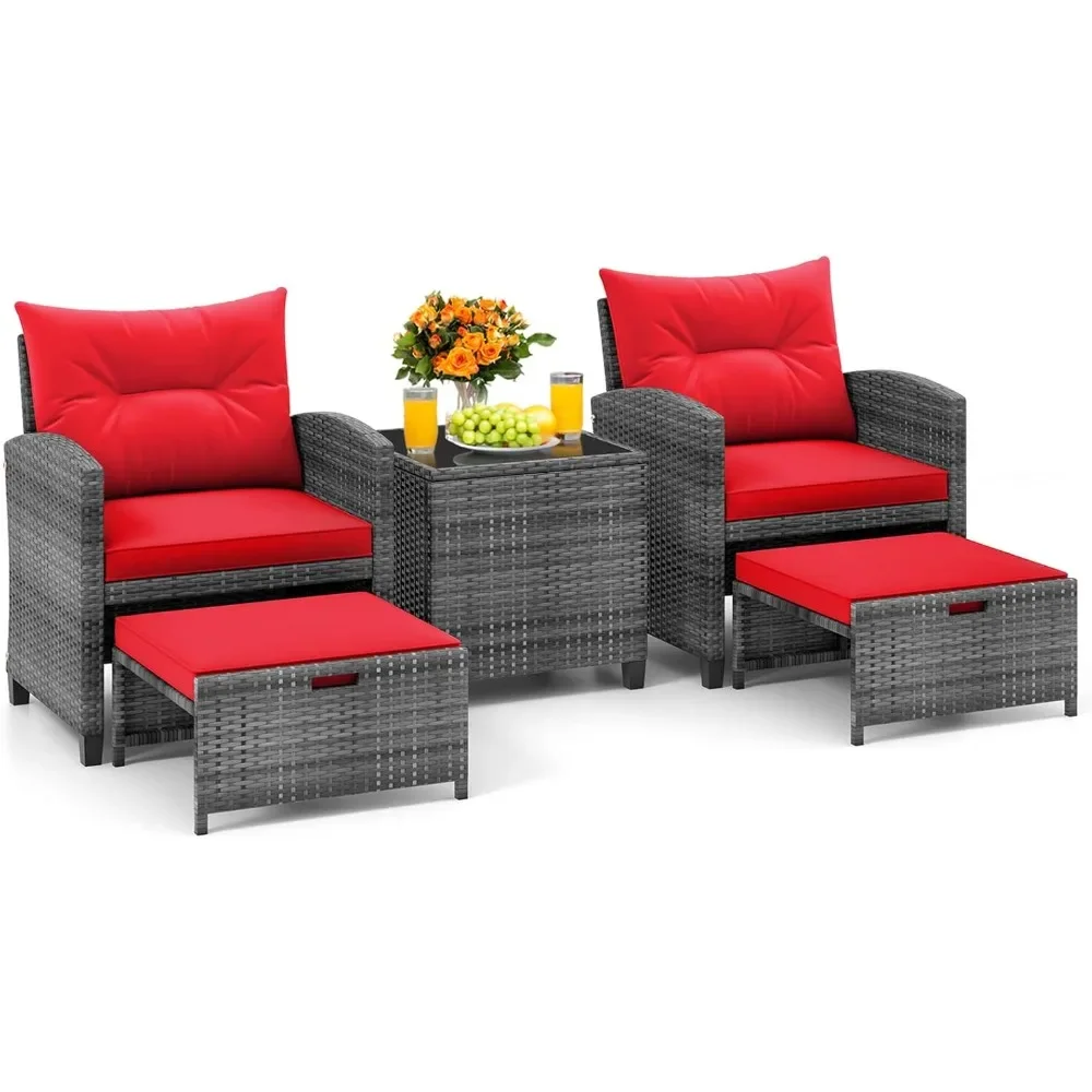

5 Pieces Patio Furniture Set with Ottomans, Wicker Patio Conversation Set with Coffee Table & Cushions, PE Rattan Outdoor Loung