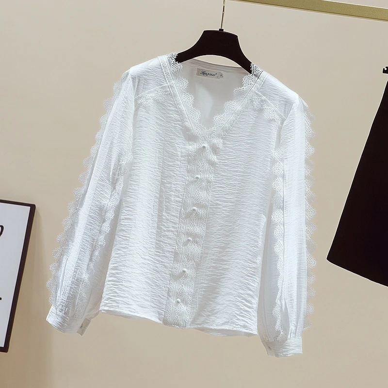 

Early Autumn V Neck Chiffon Lace Shirt Women's 2023 New Elegant Loose White Lace Blouse New Long Sleeve Ladies Simple Tops 28559