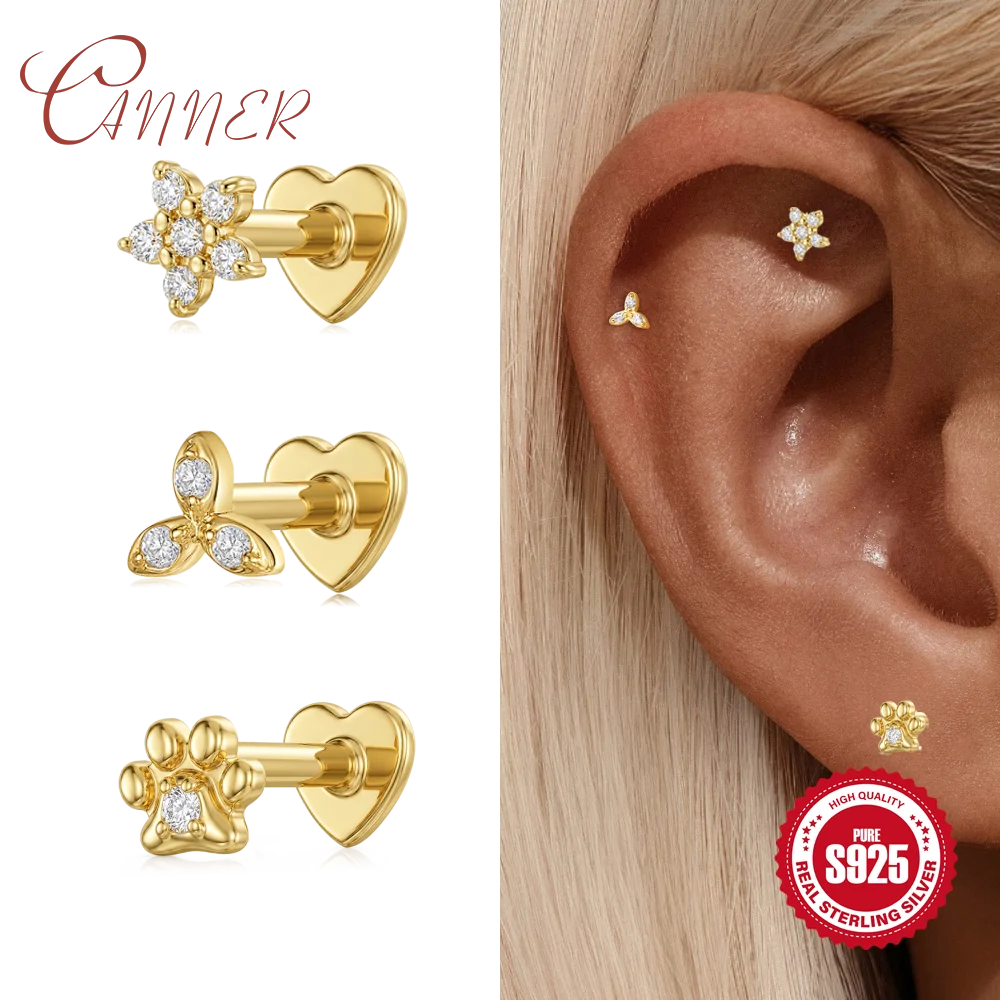 CANNER 925 Sterling Silver heart shape Flat Back Internal Thread Piercing Stud Earing Cute Mini Jewelry Women Girls Daily Casual