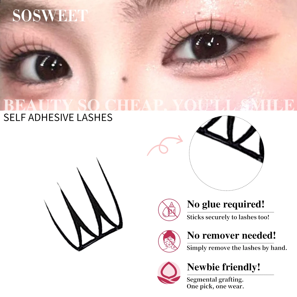 Ciglia autoadesive senza colla Cluster naturali ultra sottili Ciglia finte Zero Touch per principianti Facile applicazione