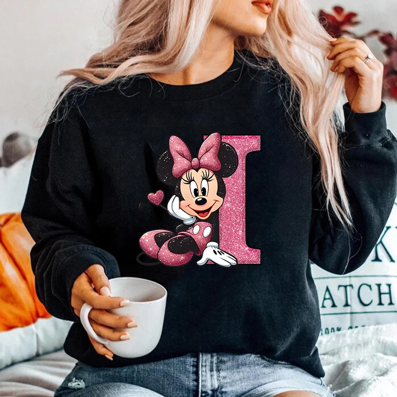 Pullovers Disney Minnie Alphabet A-Z Fashion Sweatshirts Hoodies Clothes Long Sleeves Clothing Autumn Ladies Top Black Clothing