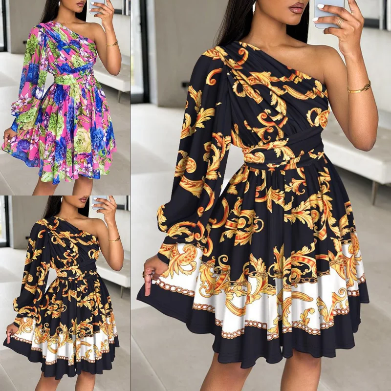 2024Autumn New-Border Female Style Skirt Fashion Shoulder-Baring Waist Trimming Printing Dress