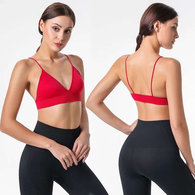 VEQSKING Deep V Women Yoga Bras, Seamless Sports Tops, Quick Drying Gym Fitness Bra, Thin Straps Workout Running Bra No Wire