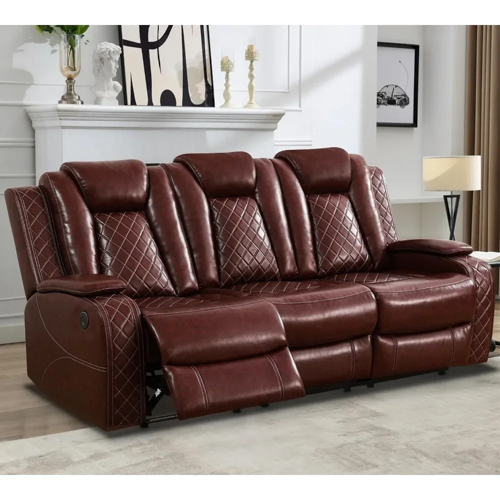 Sofa Kursi Daya Kulit dengan Lampu LED, Pengisi Daya Nirkabel/Port USB Meja Jatuh, Sofa Berbaring Ganda Daya Mewah 84"