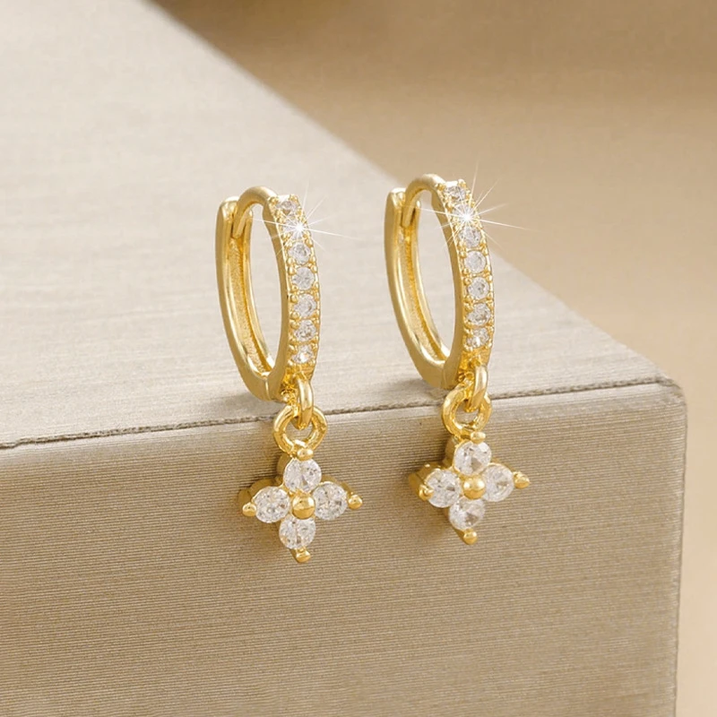 Sparkling Clover Charm Moissanite Earrings Copper Round Cut Huggie Hoops Gold Tone Fashion Jewelry