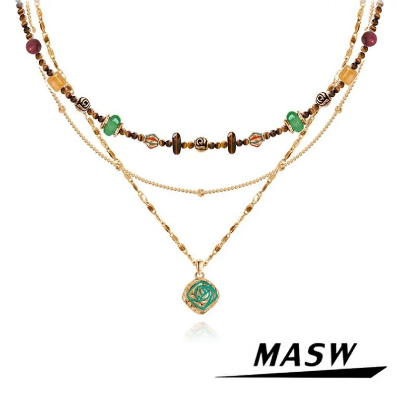 

MASW Original Design Vintage Temperament Multi Layers Green Brown Beads Necklace For Women Girl Gift Modern Jewelry Accessories