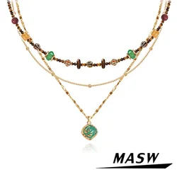 MASW Original Design Vintage Temperament Multi Layers Green Brown Beads Necklace For Women Girl Gift Modern Jewelry Accessories