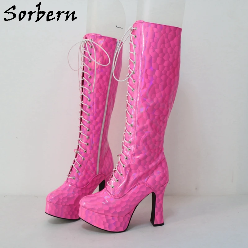 Sorbern Hot Pink Honeycomb Knee High Boots Women Lace Up Unisex Fetish Style Boot Block Heel Platform Shoes Custom Color