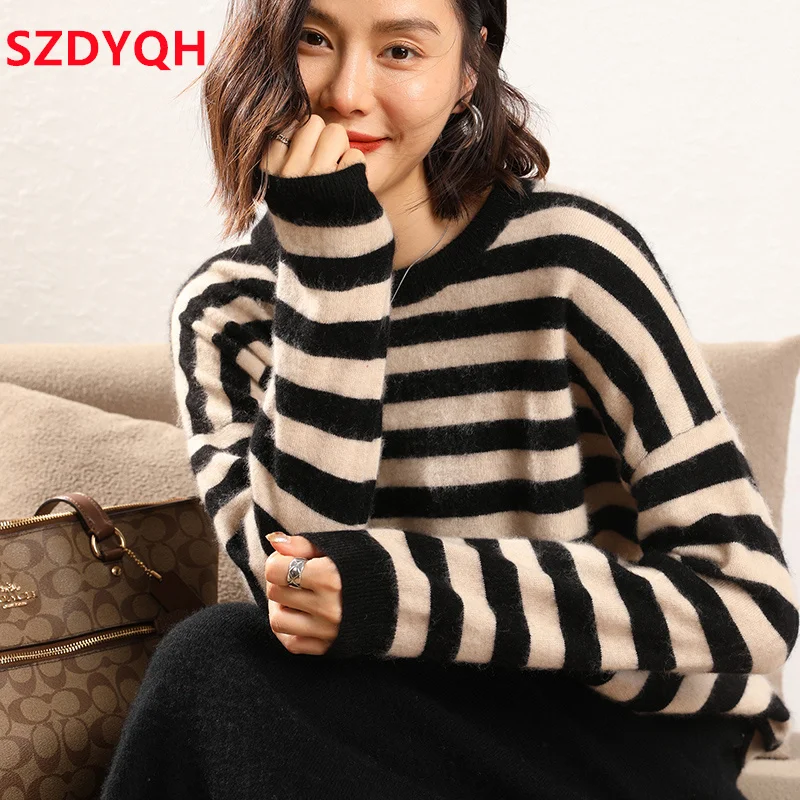 2023 Hot Sale Autumn Winter Women\'s 100% Cashmere Sweater O-Neck Striped Warm Pullover Female Loose Large Size Knitted Jumper