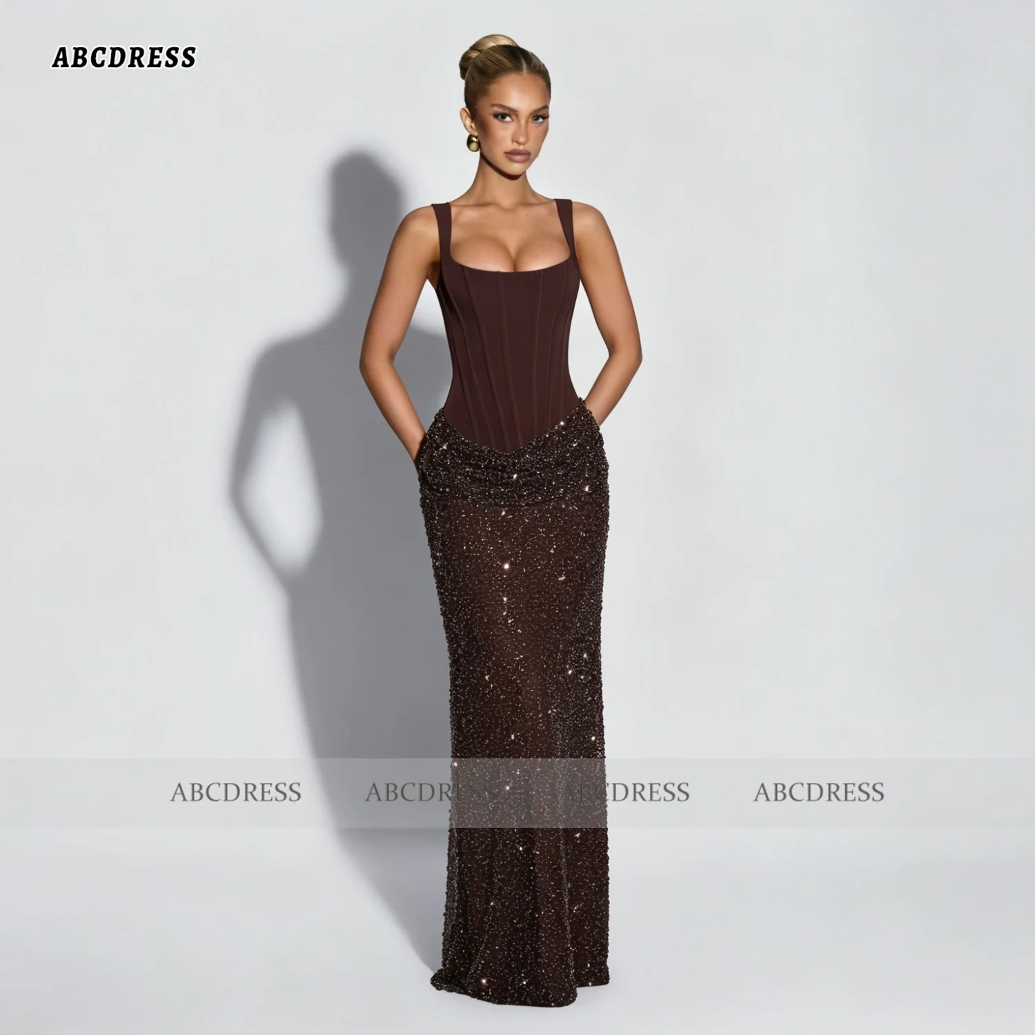 ABC Customized Brown Maxi length Corset Prom Dress With Internal Boning Square Neckline robes de soirée Crepe Draped skirt