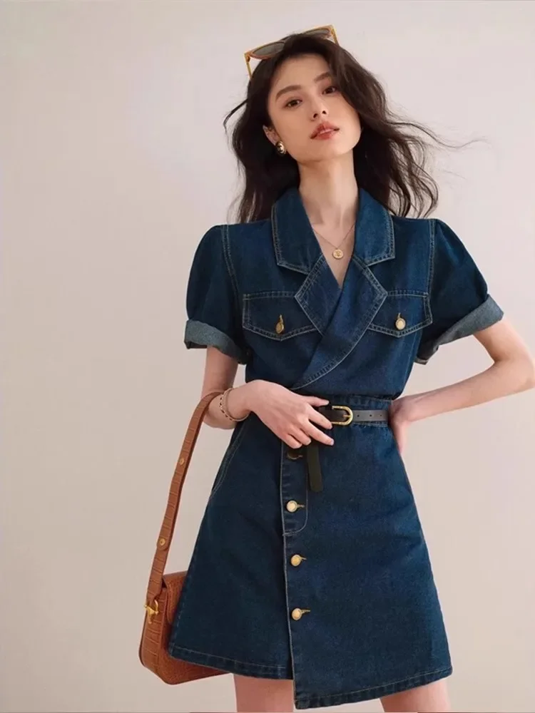 

Retro Suit Collar Denim Dress, Women'S Summer Blue High-End Feeling, Short Sleeved Chic Short Skirt