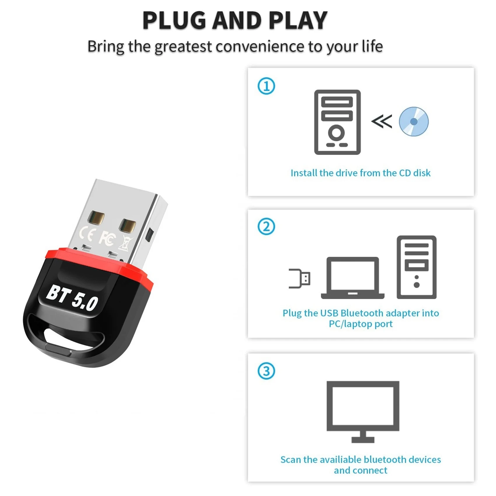 USB Bluetooth 5.0 Adapter,Computer Bluetooth Receiver Transmitter,Driver Free for Win7/8/10/11,for Game Console