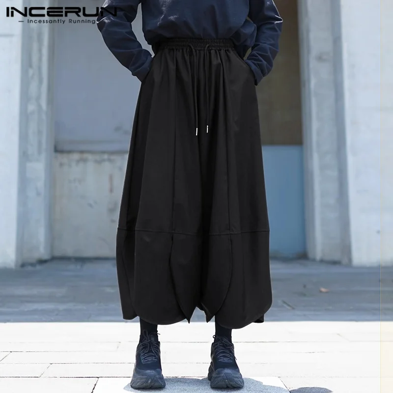 INCERUN Men Wide Leg Pants Solid Color Drawstring Joggers Casual Trousers Men Loose Streetwear 2025 Korean Style Fashion Pants