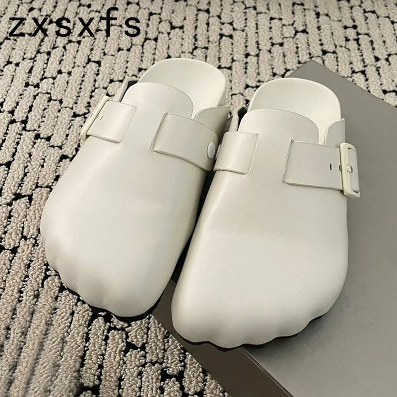 

Real Leather Platform Half Slippers Women Autumn Wrap Toe Slides Thick Sole Flat Brand Shoes Woman Lover's Men Flat Slippers