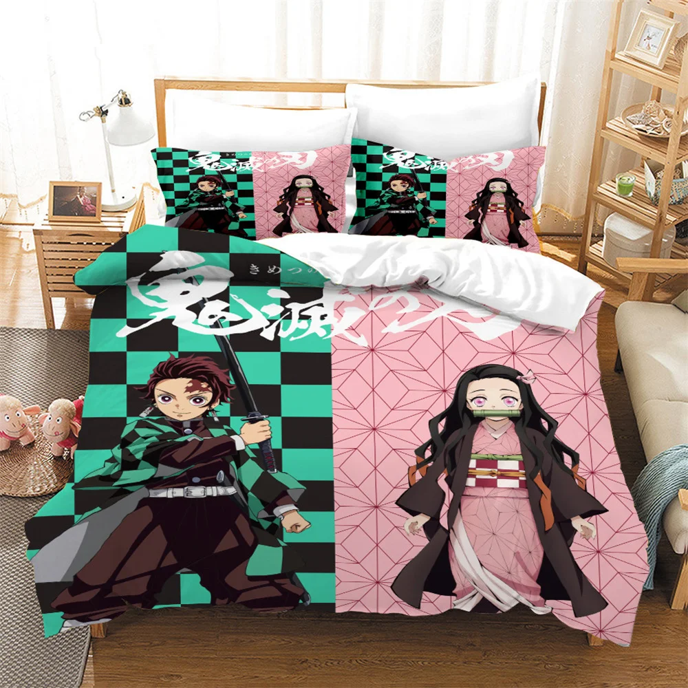 

Kamado Tanjirou Kamado Nezuko print Cartoons custom bedding set, Demon Slayer Cartoons duvet cover set full queen king, 3pcs