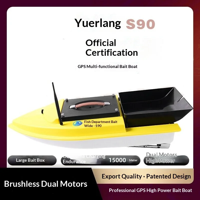 Yuerlang S90 Gps Brushless Dual Motor Bait Boat Large Hopper 15000m Range Bait Delivery Net Towing Hook Sending For Anglers