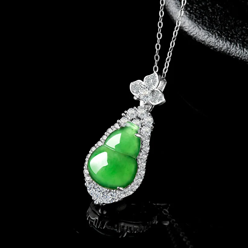 Natural Burma A Jade Sun Green Gourd S925 Silver Inlaid Ice Jadeite Pendant Women's Necklace Fashion Charms Jewelry Drop Ship