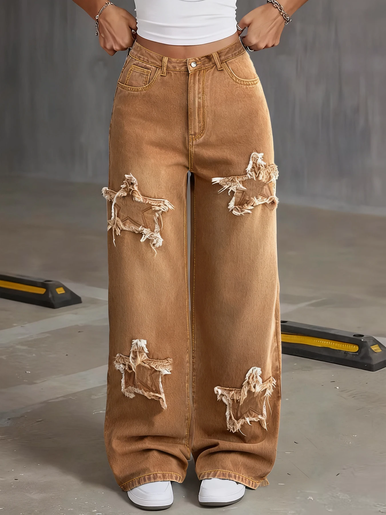 

Plus Size Women's Loose Straight Leg Jeans Vintage Star Pattern with Fringe Elastic Washed Women's Denim Trousers