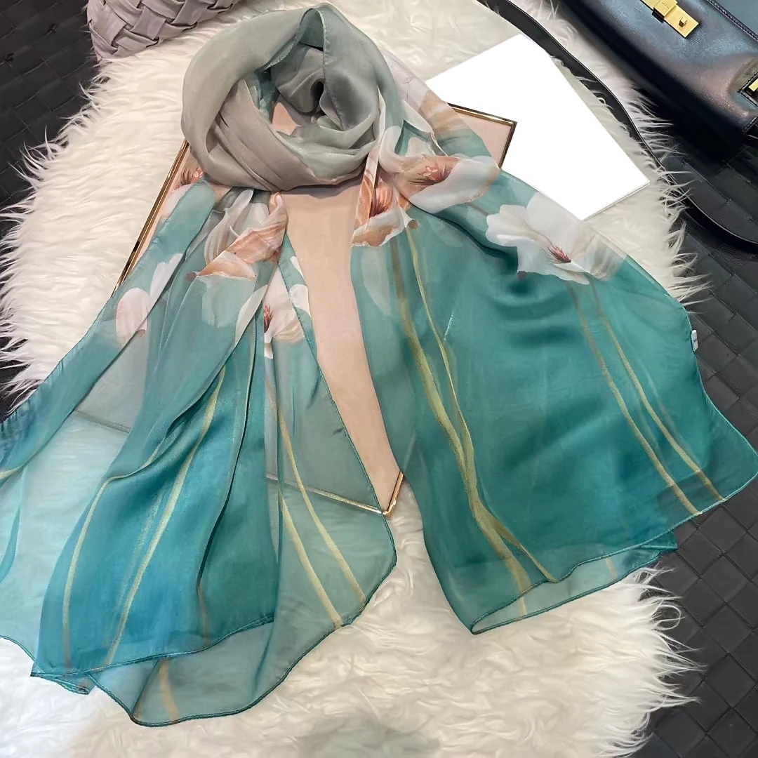 BYSIFA| Blue Silk Scarf Cape Winter China Style Poppy Flower Ladies Pure Silk Long Scarves Foulard Spring Summer Beach Shawls